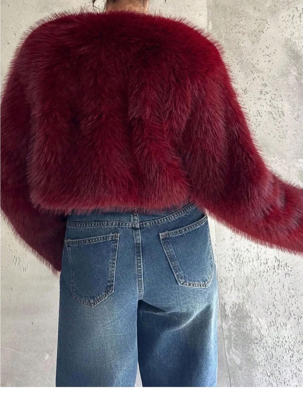 Burgundy Faux Fur Cropped Jacket - Picture 2 of 5